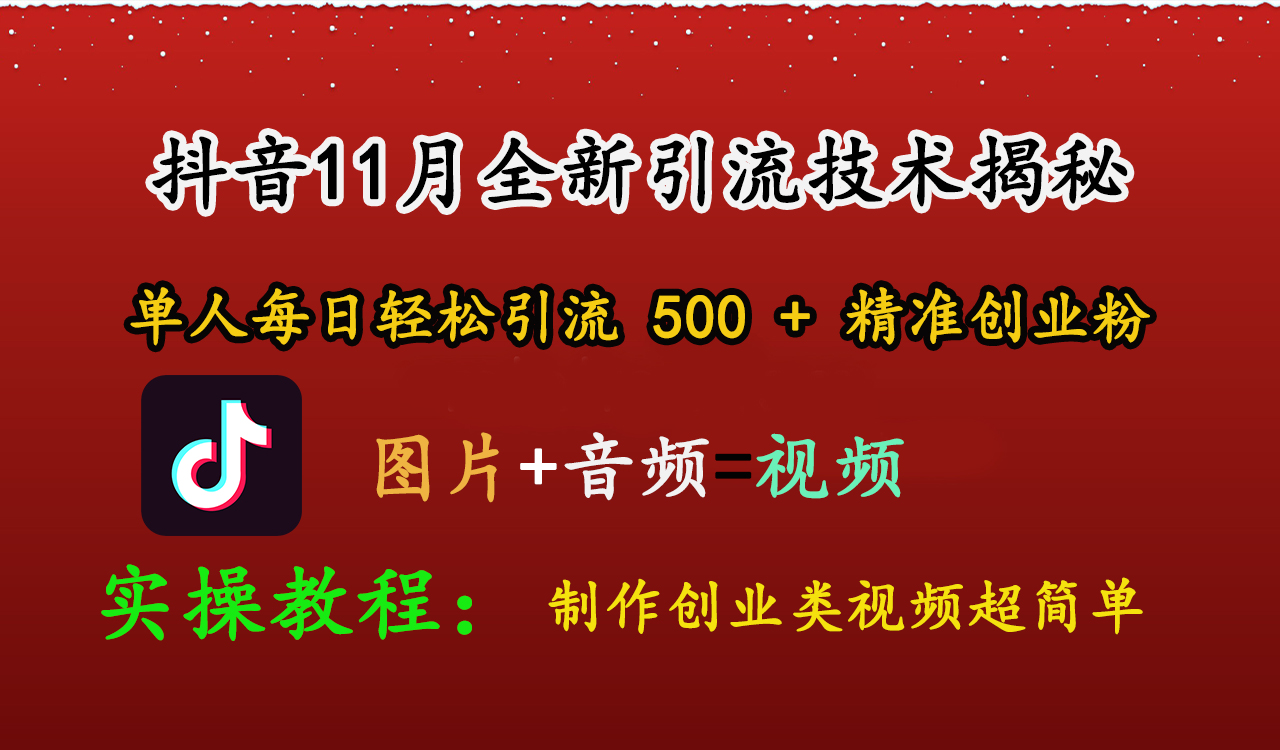 抖音11月全新引流技术，图片+视频 就能轻松制作创业类视频，单人每日轻松引流500+精准创业粉-魅影网创