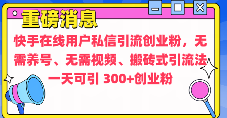 通过给快手在线用户私信引流创业粉，无需养号、无需视频、搬砖式引流法，一天可引300+创业粉-魅影网创