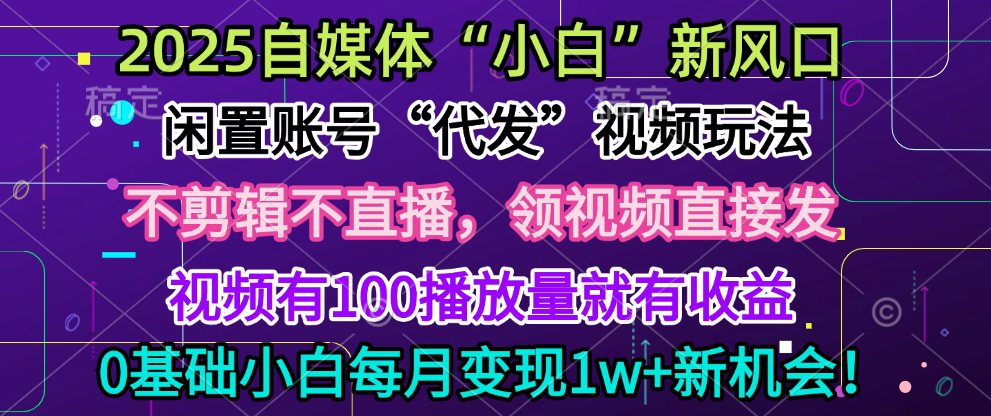 2025每月躺赚5w+新机会，闲置视频账号一键代发玩法，0粉不实名不剪辑，领了视频直接发，0基础小白也能日入300+-魅影网创